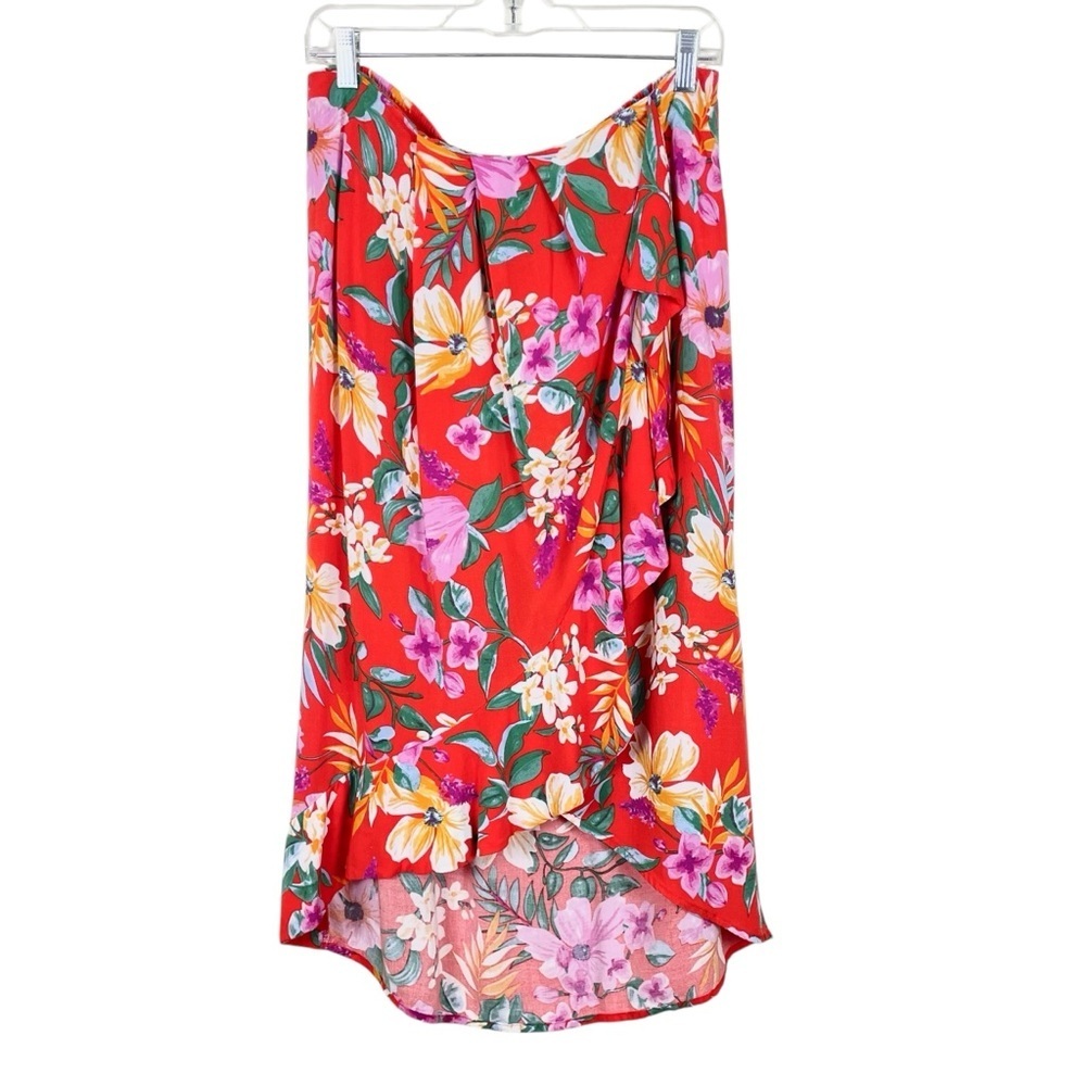 Cynthia Rowley Floral Tropical Ruffle Wrap Style Midi Skirt Bright Red Sz L